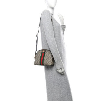 GUCCI GG Supreme Monogram Textured Dollar Calfskin Web Small Ophidia Dome Shoulder Bag Beige Ebony New Acero