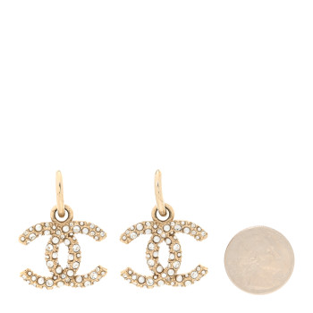CHANEL Crystal Pearls CC Drop Earrings Light Gold