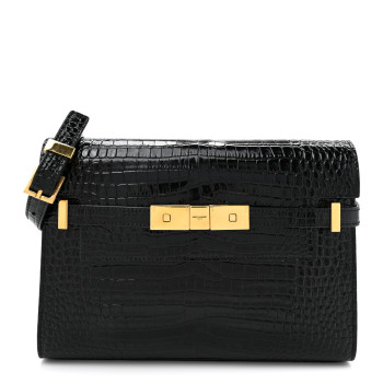 SAINT LAURENT Shiny Calfskin Crocodile Embossed Manhattan Baguette Black