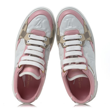 LOUIS VUITTON Monogram Embossed Calfskin Damier Azur Time Out Sneakers 36 Rose Clair Pink