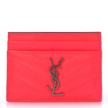 SAINT LAURENT Patent Grain De Poudre Matelasse Chevron Monogram Credit Card Case Neon Pink