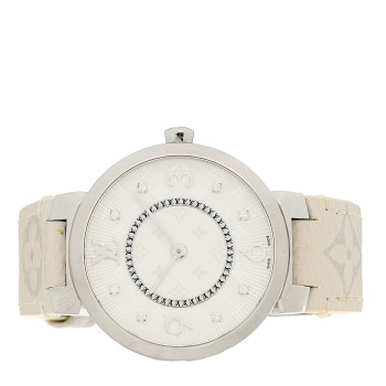 LOUIS VUITTON Stainless Steel Monogram Diamond 33mm Tambour Slim Quartz Watch White