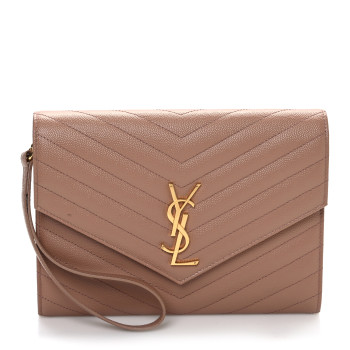 SAINT LAURENT Grain De Poudre Matelasse Chevron Monogram Cassandre Flap Pouch Natural Dark