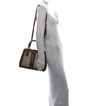 GUCCI GG Supreme Monogram Azalea Calfskin Web Medium Jackie 1961 Tote Beige Ebony Brown Sugar
