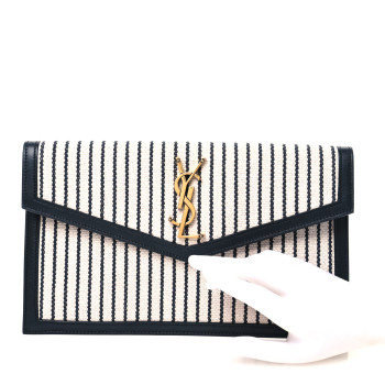 SAINT LAURENT Canvas Striped Uptown Pouch Beige Black