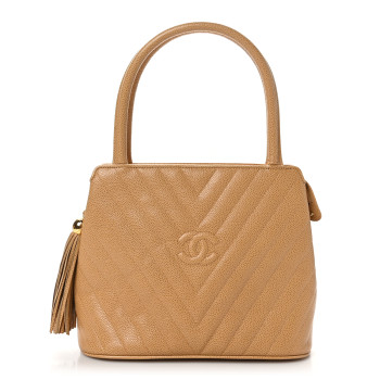 CHANEL Caviar Chevron Tassel Tote Beige