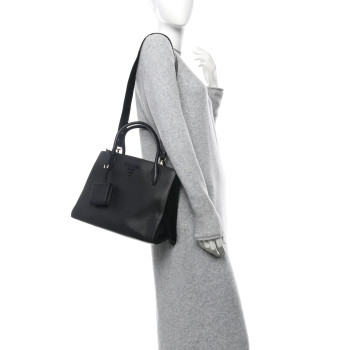 PRADA Saffiano Cuir Calfskin Medium Monochrome Top Handle Tote Black