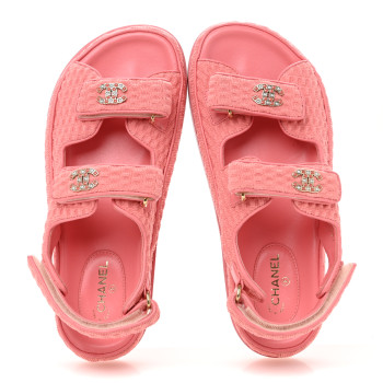 CHANEL Knit Fabric Velcro Dad Sandals 38 Coral