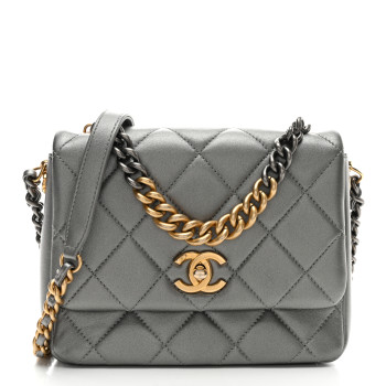CHANEL Metallic Lambskin Quilted Small Side Note Flap Grey