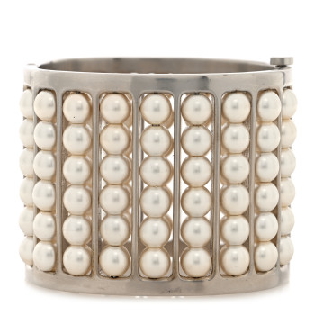CHANEL Metal Pearl Cuff Bracelet Silver