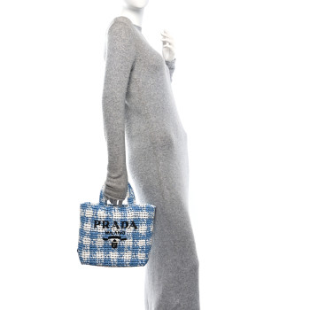 PRADA Yarn Raffia Effect Crochet Embroidered Small Logo Tote Celeste
