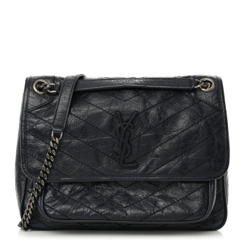 SAINT LAURENT Crinkled Calfskin Matelasse Monogram Medium Niki Chain Satchel Deep Marine