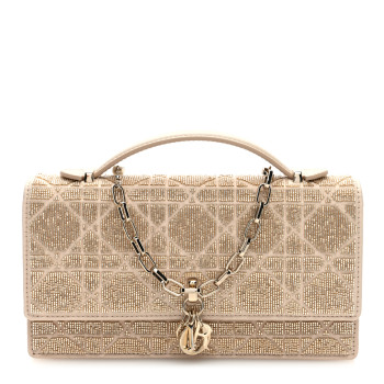 CHRISTIAN DIOR Calfskin Technical Fabric Beaded Embroidered Cannage Mini My Dior Top Handle Clutch Caramel Beige