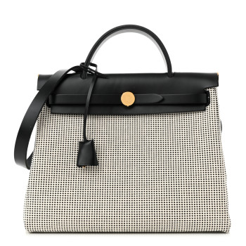 HERMES Vache Hunter Toile Quadrille Viking Herbag Zip Retourne 31 PM Ecru Black