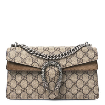 GUCCI GG Supreme Monogram Suede Crystal Small Dionysus Shoulder Bag Beige Ebony Taupe