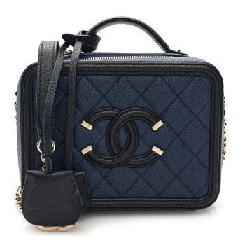 CHANEL Caviar Quilted Small CC Filigree Vanity Case Navy Black