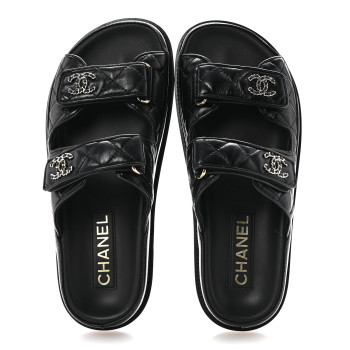 CHANEL Lambskin Quilted Velcro Dad Chain CC Slide Sandals 36.5 Black