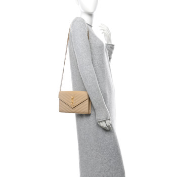 SAINT LAURENT Grain De Poudre Matelasse Chevron Monogram Chain Wallet Nude Powder
