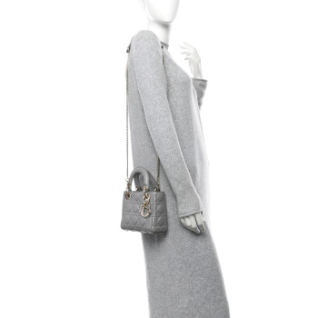 CHRISTIAN DIOR Metallic Lambskin Cannage Mini Lady Dior Grey