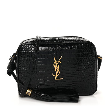 SAINT LAURENT Patent Calfskin Crocodile Embossed Monogram Lou Camera Bag Black