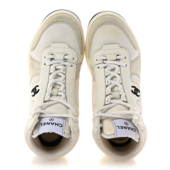 CHANEL Suede Fabric Grained Calfskin Womens CC High Top Sneakers 38.5 White CHANEL Suede Fabric Grained Calfskin Womens CC High Top Sneakers 38.5 White