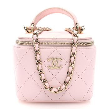 CHANEL Lambskin Quilted Mini Top Handle Vanity Case With Chain Light Pink
