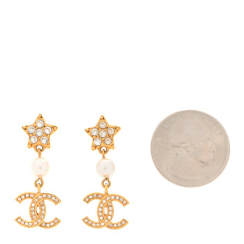 CHANEL Metal Crystal Pearl CC Star Drop Earrings Gold Pearly White
