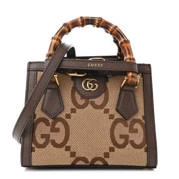 GUCCI Monogram Jumbo GG Textured Dollar Calfskin Mini Diana Tote Bag Camel Ebony New Acero