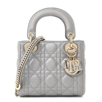 CHRISTIAN DIOR Metallic Lambskin Cannage Mini Lady Dior Grey