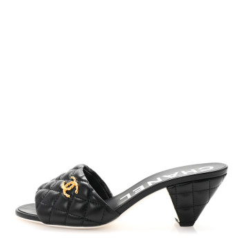 CHANEL Lambskin Quilted Textured CC Mules 38 Black