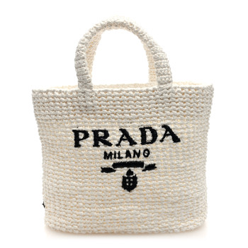 PRADA Yarn Raffia Effect Crochet Embroidered Small Logo Tote White