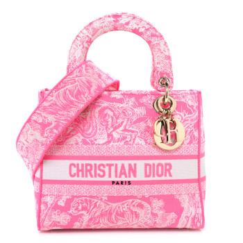 CHRISTIAN DIOR Canvas Toile De Jouy Reverse Embroidered Medium Lady D-Lite Fluorescent Pink