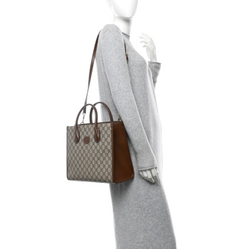 GUCCI GG Supreme Monogram Azalea Calfskin Small Retro Interlocking G Tote Bag Beige Ebony Brown Sugar