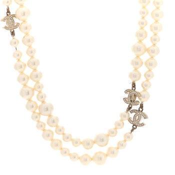 CHANEL Graduated Pearl Crystal CC Long Necklace White
