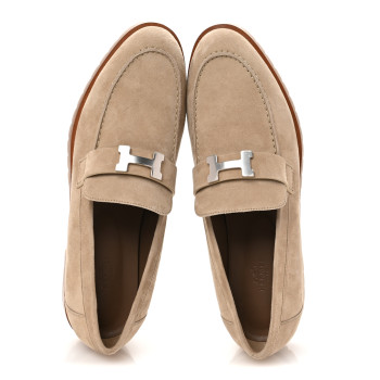 HERMES Suede Goatskin Womens Faubourg Loafers 41 Beige Argile