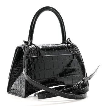 BALENCIAGA Shiny Calfskin Monochrome Crocodile Embossed Small Hourglass Top Handle Bag Black