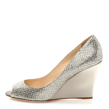 JIMMY CHOO Glitter Fabric Baxen Peep Toe Wedges 38 Silver Gold