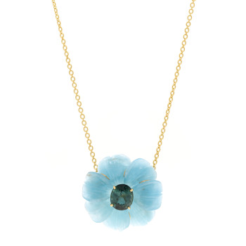 IRENE NEUWIRTH 18K Yellow Gold Aquamarine Green Tourmaline Flower Pendant Necklace