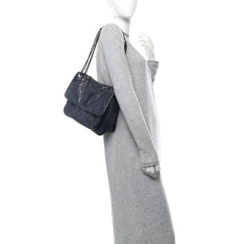 SAINT LAURENT Crinkled Calfskin Matelasse Monogram Medium Niki Chain Satchel Deep Marine