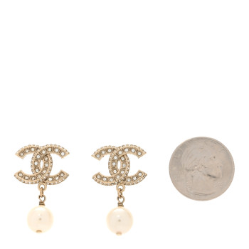 CHANEL Crystal Pearl CC Drop Earrings Gold