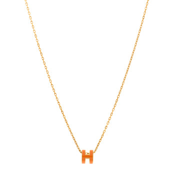 HERMES Lacquered Gold Mini Pop H Pendant Necklace Orange