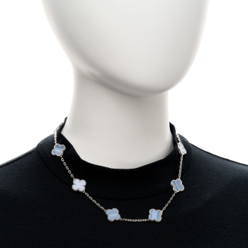 VAN CLEEF & ARPELS 18K White Gold Chalcedony 10 Motifs Vintage Alhambra Necklace