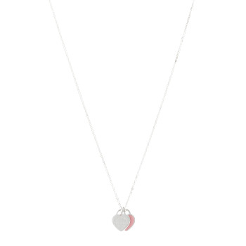 TIFFANY Sterling Silver Enamel Return to Tiffany Double Heart Tag Pendant Necklace Pink
