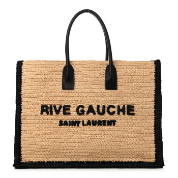 SAINT LAURENT Raffia Calfskin Rive Gauche Tote Naturale Black