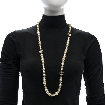 CHANEL Graduated Pearl Crystal CC Long Necklace White