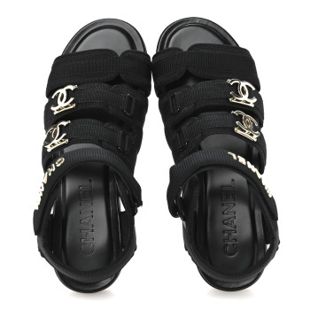 CHANEL Fabric Metal CC Logo Flat Sandals 36.5 Black