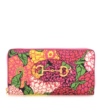 GUCCI X KEN SCOTT Shangai Calfskin Pomponica Print Horsebit 1955 Zip Around Wallet Multicolor Fuxia Pompon