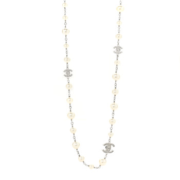 CHANEL Graduated Pearl Crystal CC Long Necklace Silver