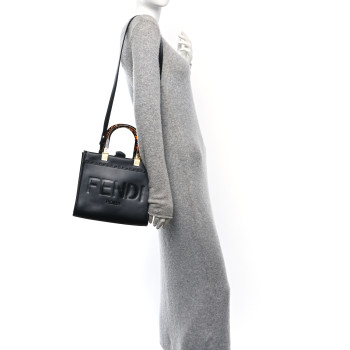 FENDI Vitello King Plexiglass Logo Embossed Small Fendi Sunshine Shopper Tote Black