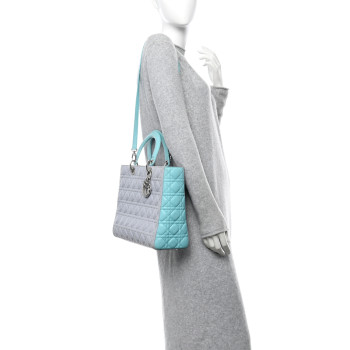 CHRISTIAN DIOR Lambskin Cannage Large Lady Dior Grey Turquoise
